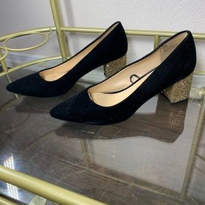 Liz Claiborne black velvet and gold glitter heels